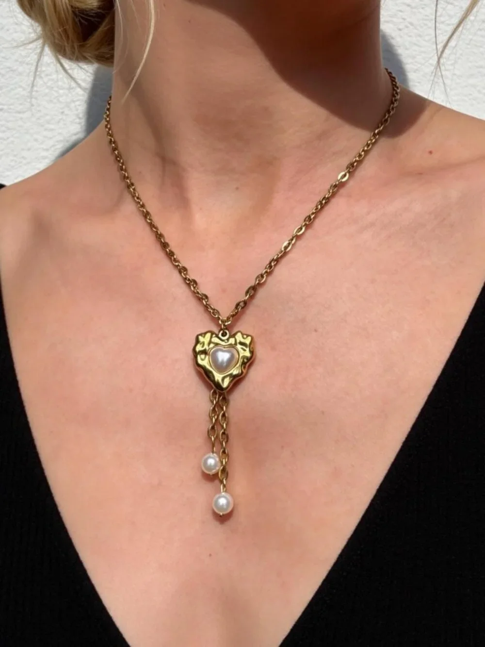 Gold Heart Pearl Drop Necklace Stainless Steel - Picture 3 of 13